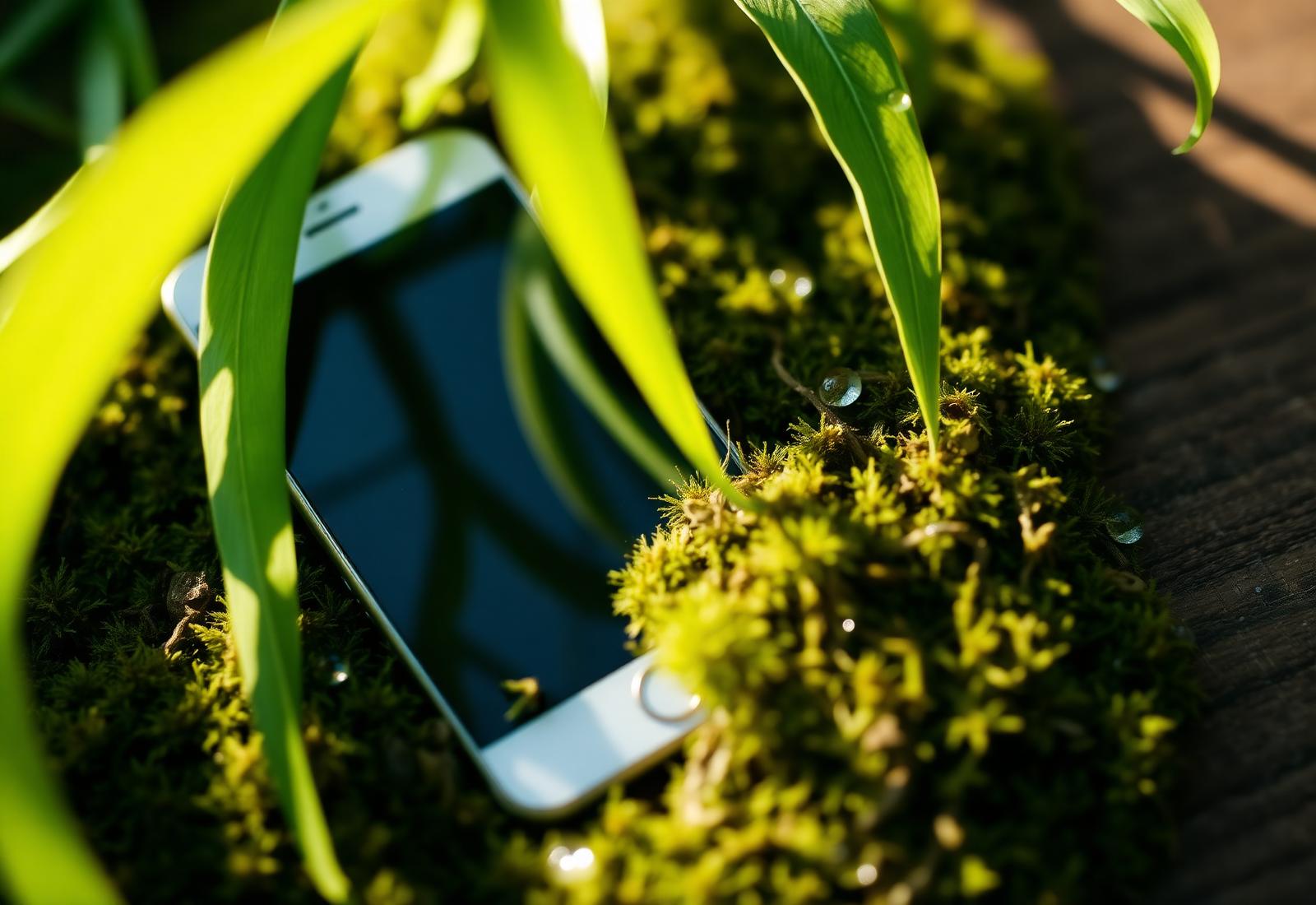 Telefon zöld levelek és moha között, természetes fényben